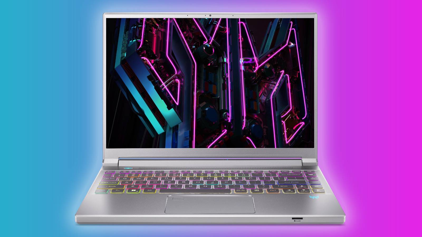 Image of the Acer Predator Triton 14 Gaming/Creator Laptop, on a blue and pink background.