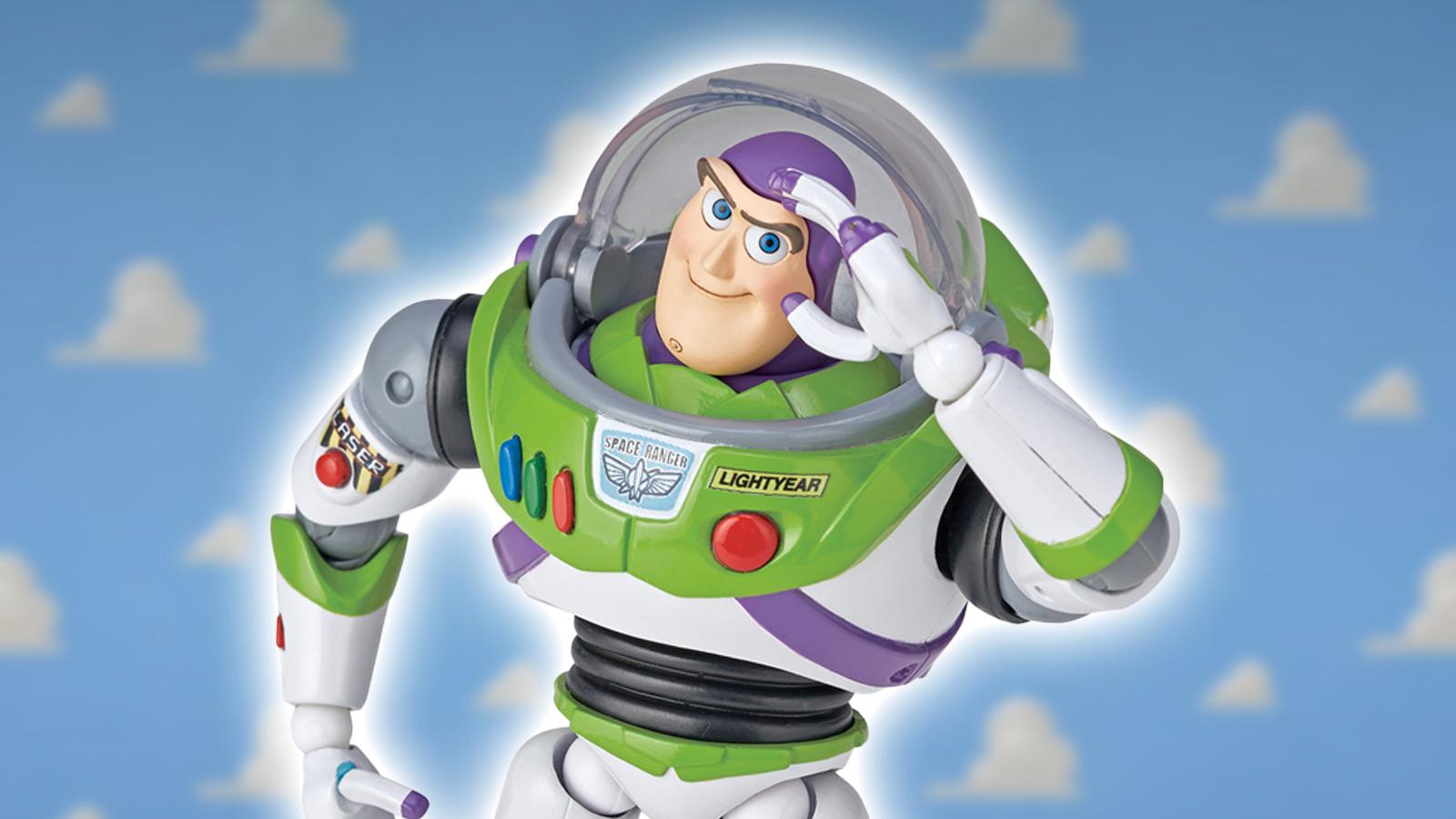 buzz lightyear revoltech figure saluting with a white glow on a background of blue and clouds from andy's room