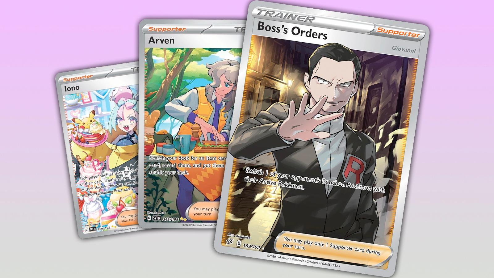 pokemon cards on a pink gradient background from front to back: boss's orders arven iono