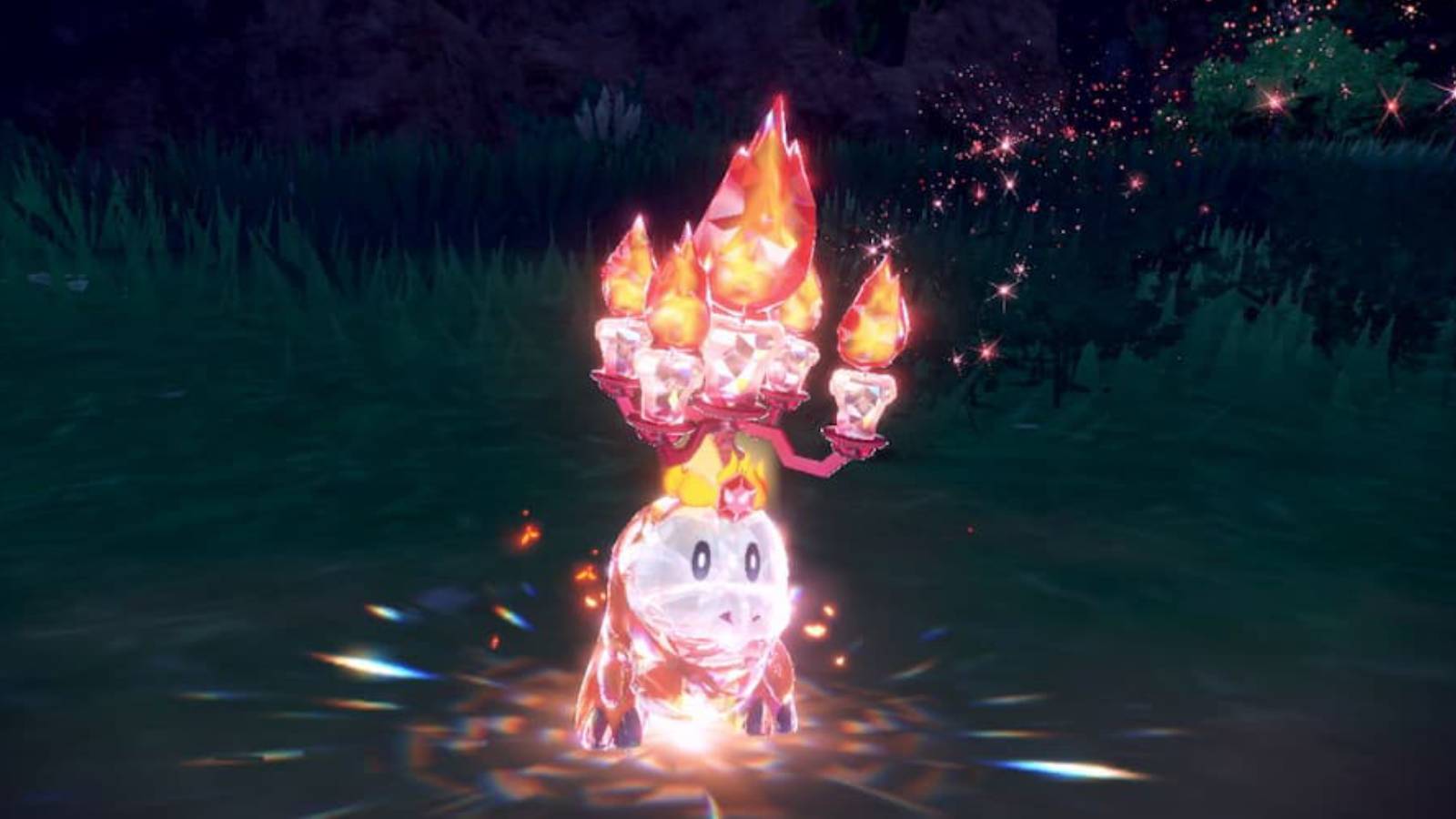 The Pokemon Fuecoco appears in the Tera fire form