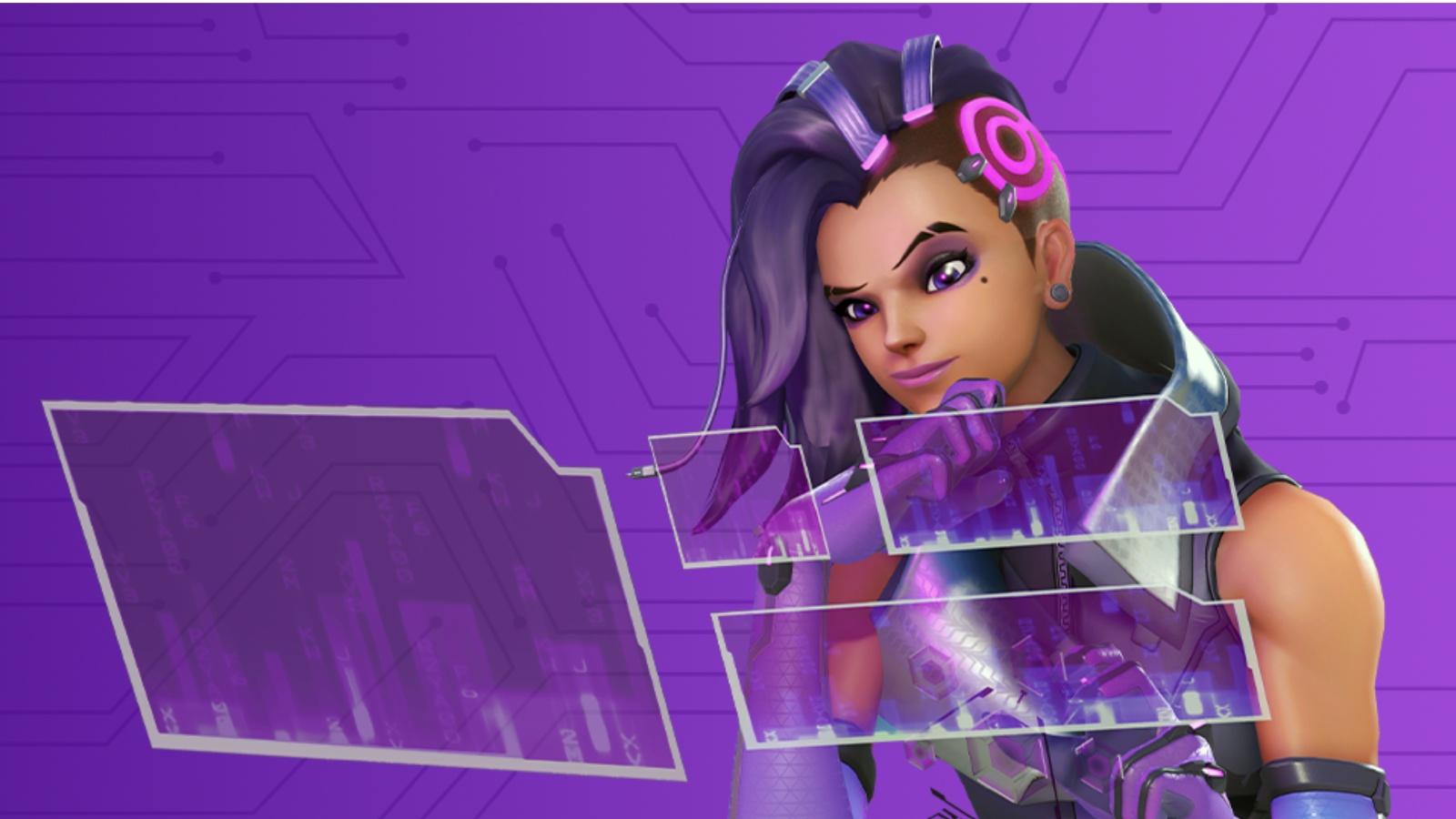 A cover art featuring Sombra from the Quicker Play limited-time mode in Overwatch 2.