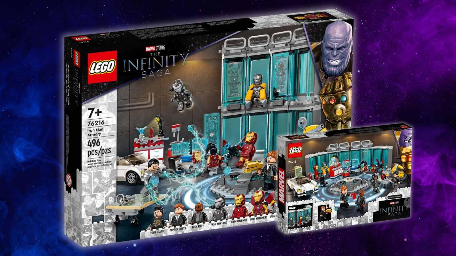 The LEGO Marvel Iron Man Armory set on a galaxy background