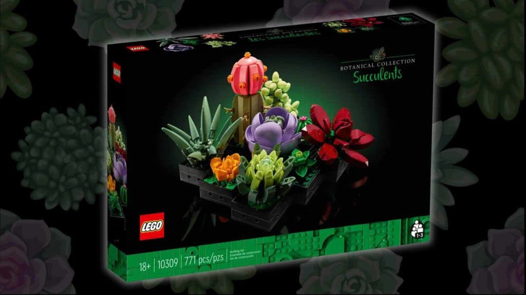 LEGO Icons Succulents on a black background with succulents graphic
