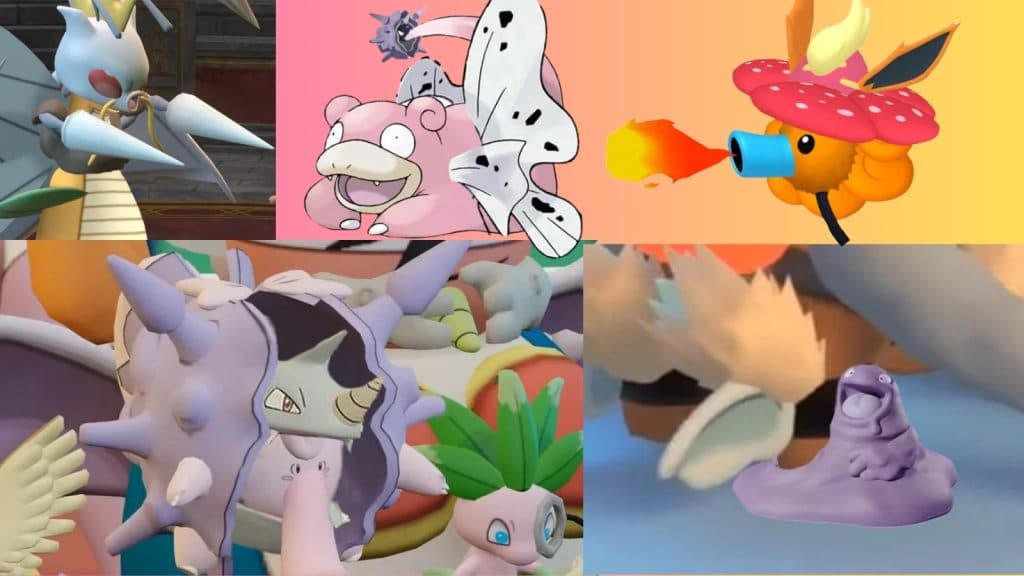 Pokemon fused together that make up one larger chimera. Multiple Pokemon are shown including Bedroll, Slowpoke, Butterflies wings and more.