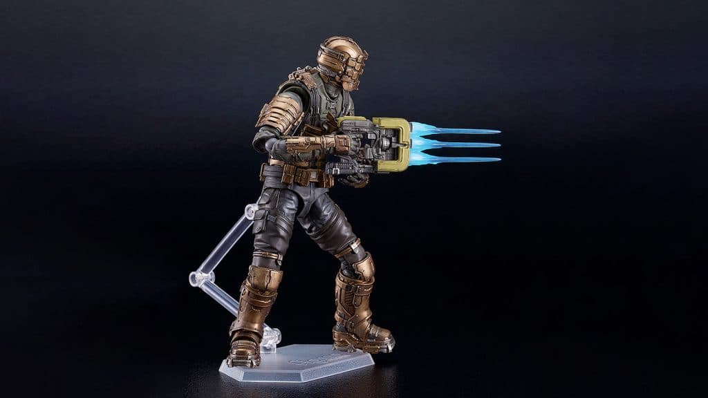dead space's isaac clarke figma figure on black background and stand he holds a plasma cutter