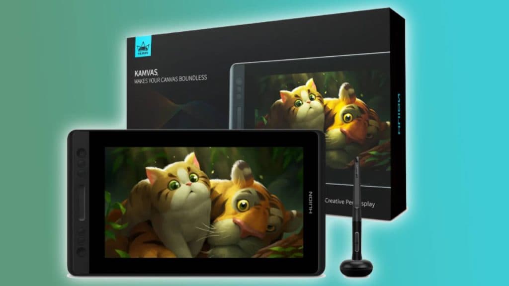 An image of the HUION KAMVAS Pro 13 Graphics Drawing Monitor, with its stylus and box art.
