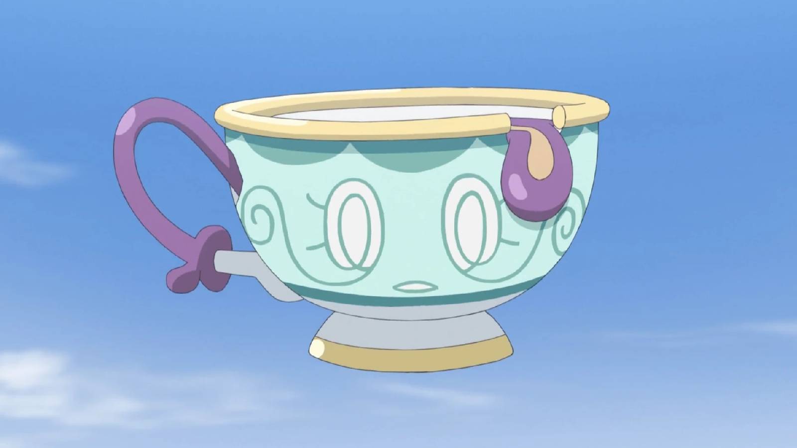 The teacup Pokemon Sinistea floats in the ai, in the background is a blue sky broken slightly with clouds