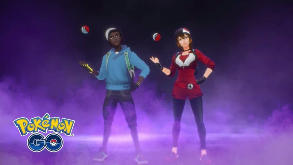 Key art for the Pokemon Go Taken Treasures event shows two Pokemon Go trainers tossing a Poke Ball menacingly
