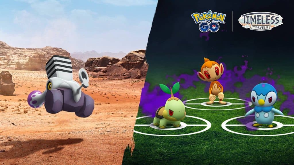Key art for the Pokemon Go Taken Treasures event shows Varoom, as well as Shadow versions of Turtwig, Chimchar, and Piplup