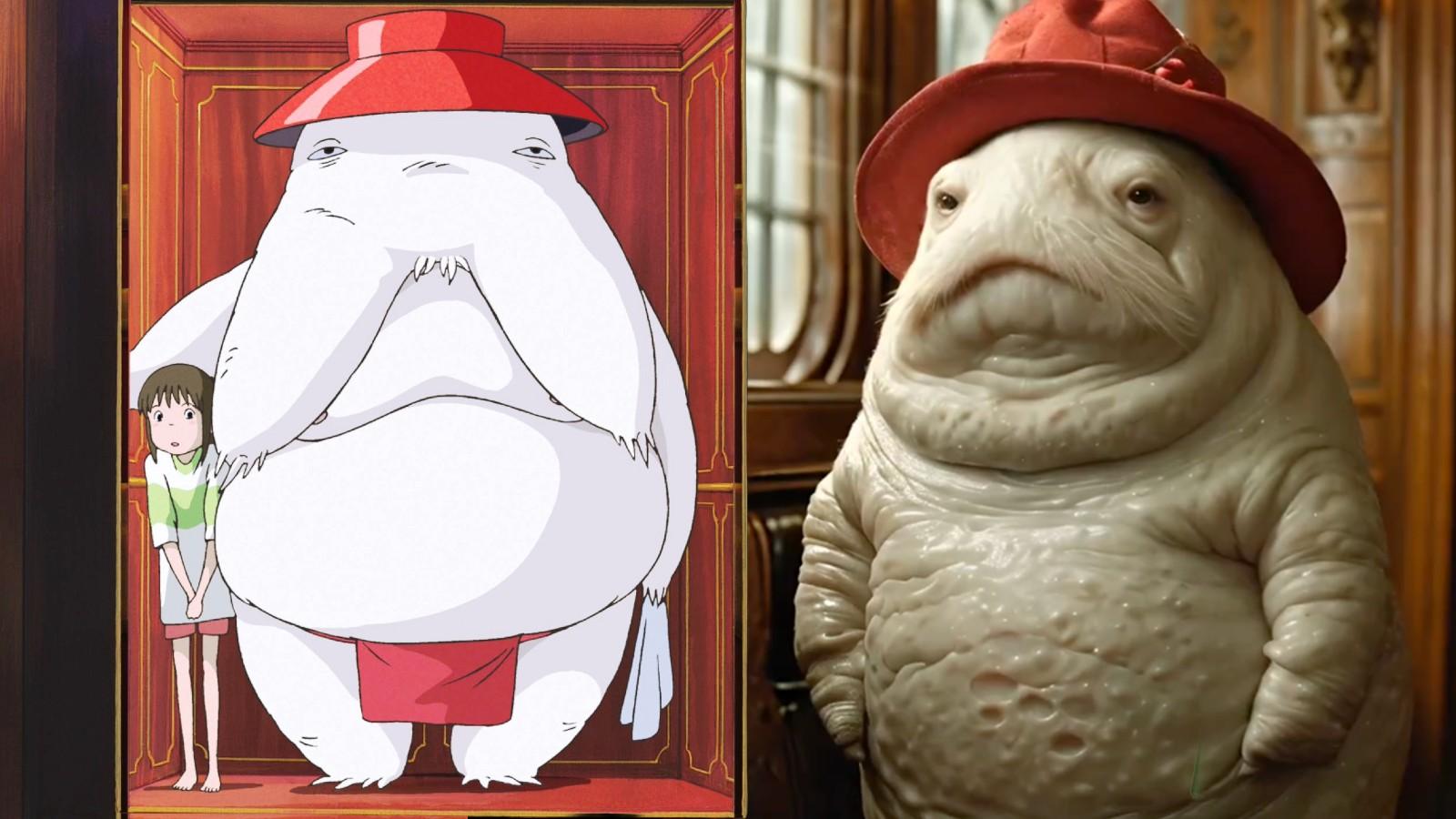Stills from Spirited Away and the AI-generated live-action version