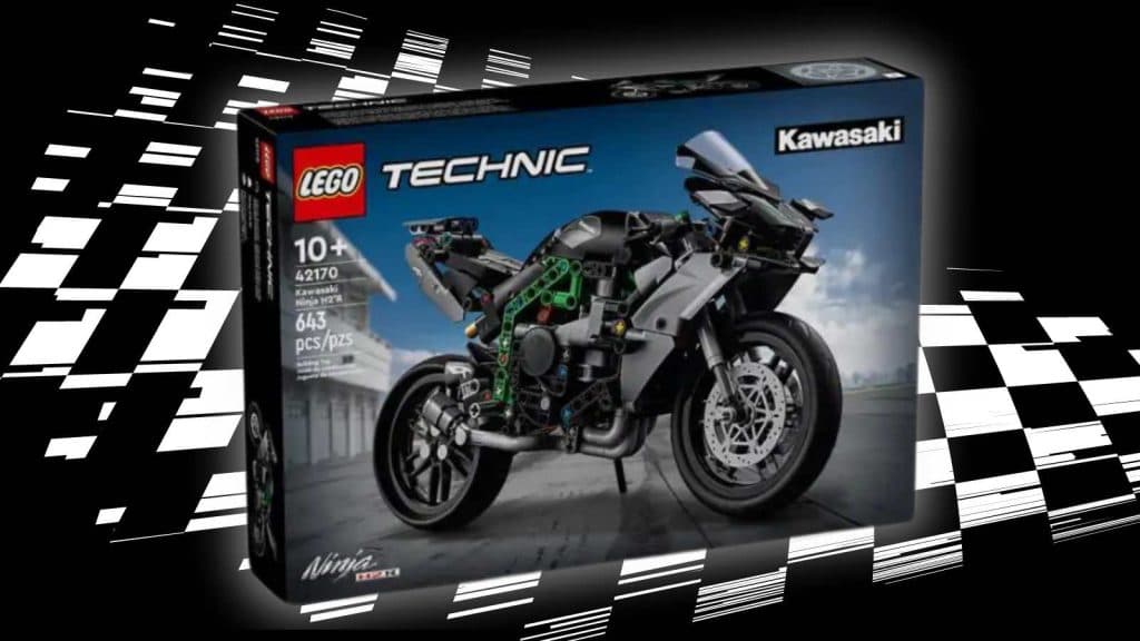 LEGO Technic Kawasaki Ninja H2R Motorcycle on a black background with racing flag graphic