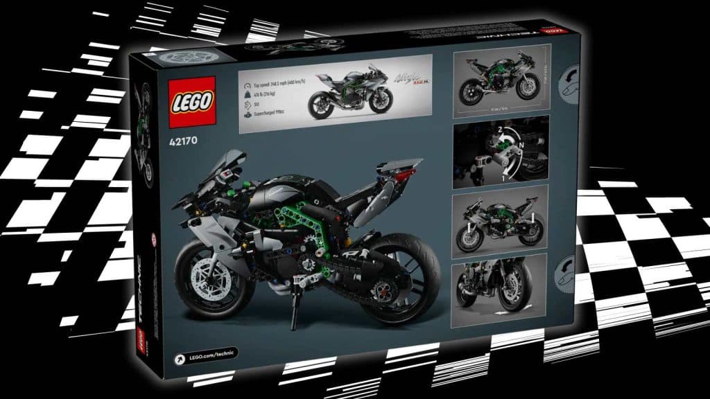 LEGO Technic Kawasaki Ninja H2R Motorcycle box displayed on black background with racing flag graphic