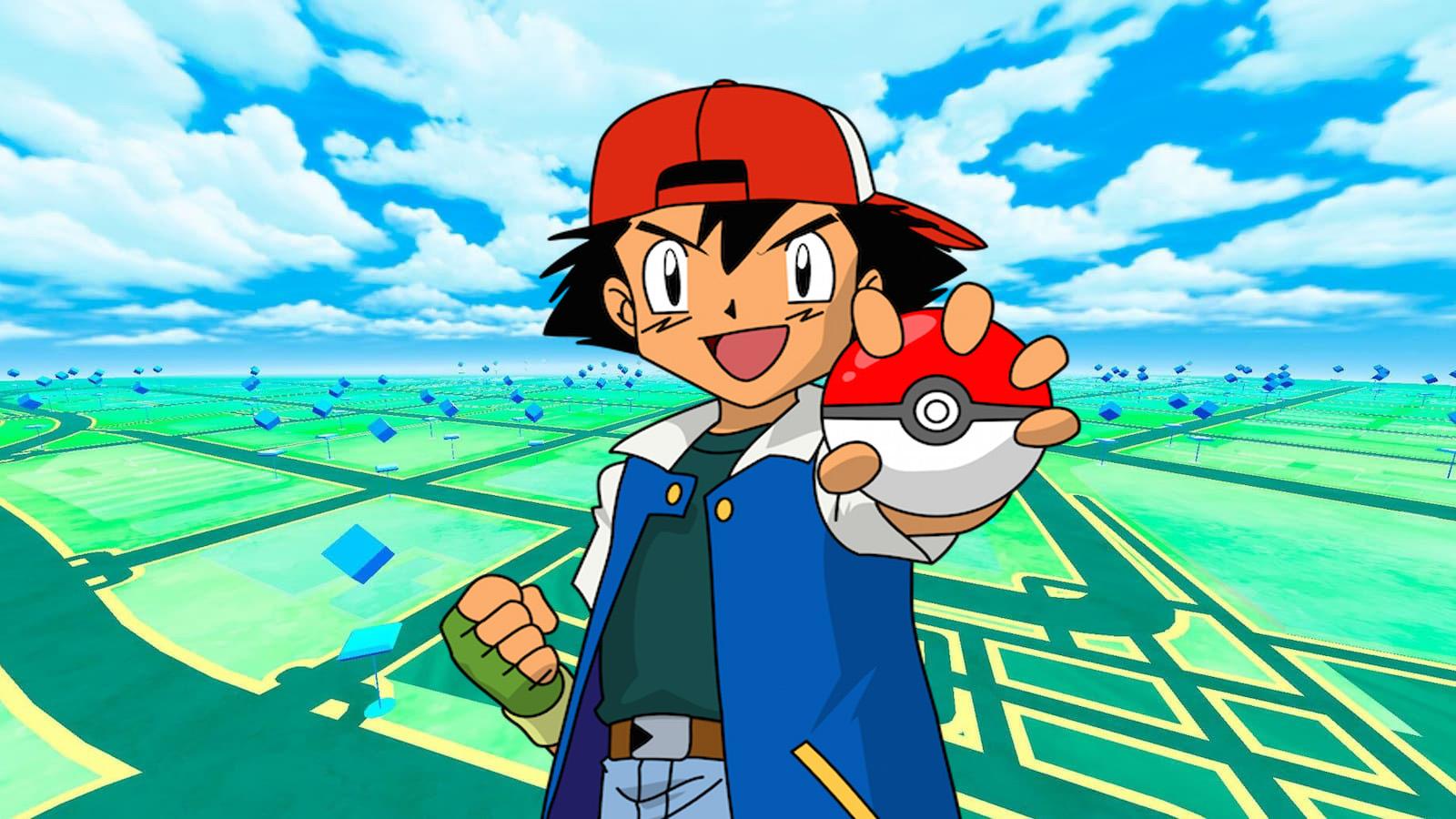 Ash holding a Poke Ball in front of Pokemon Go overworld map