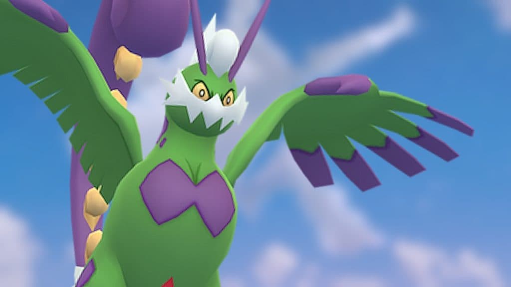 Therian forme Tornadus flying through the sky in Pokemon Go.