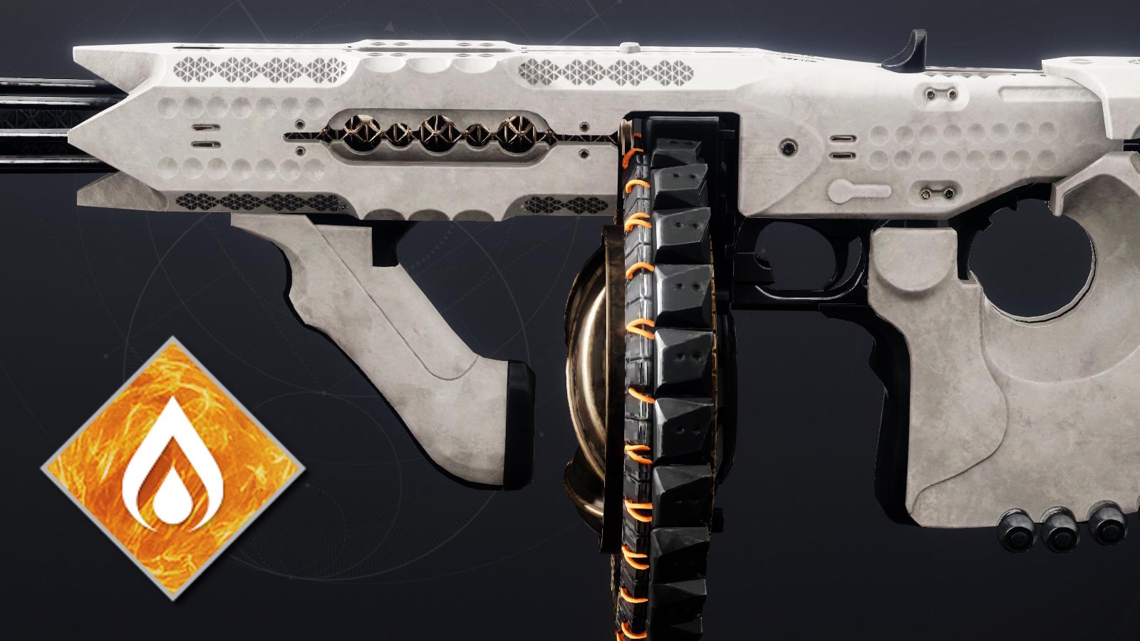 Side profile of the Solar Exotic weapon Tommy's Matchbook in Destiny 2.