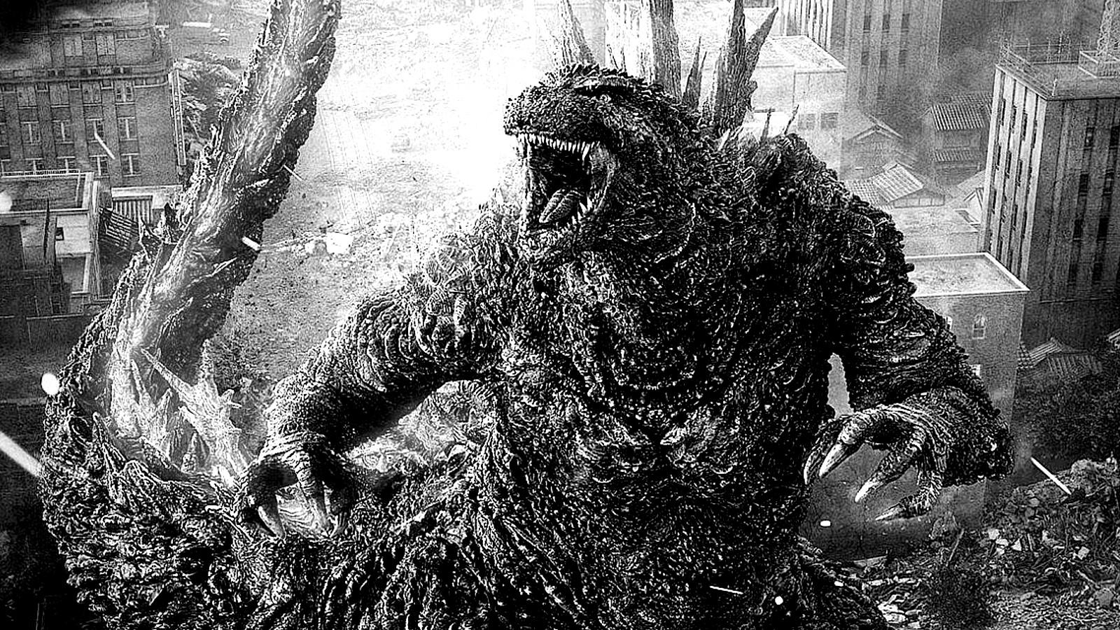 A black and white still from Godzilla Minus One