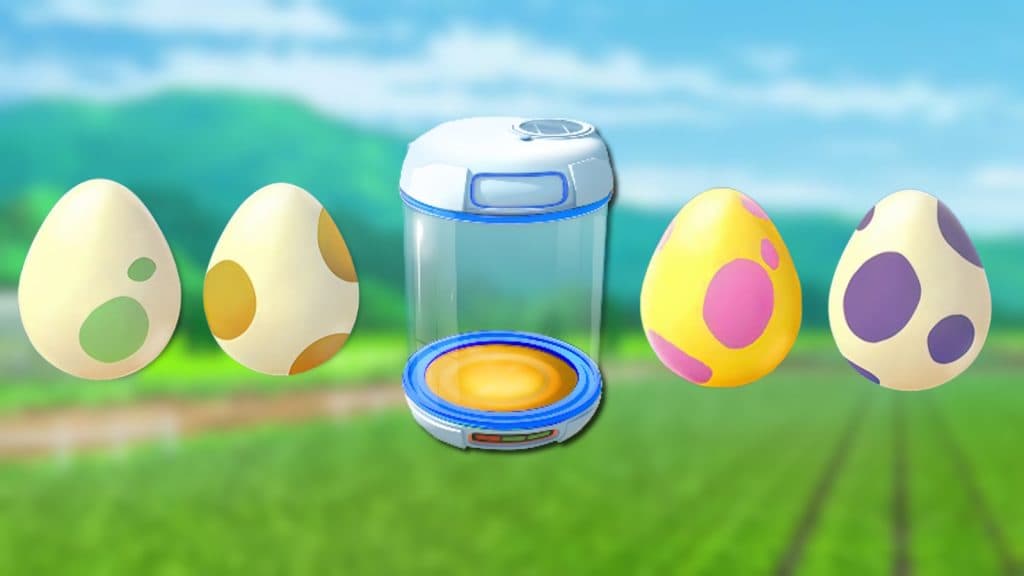 Pokemon Go egg incubator with 3km, 5km, 10km, and 12km eggs.
