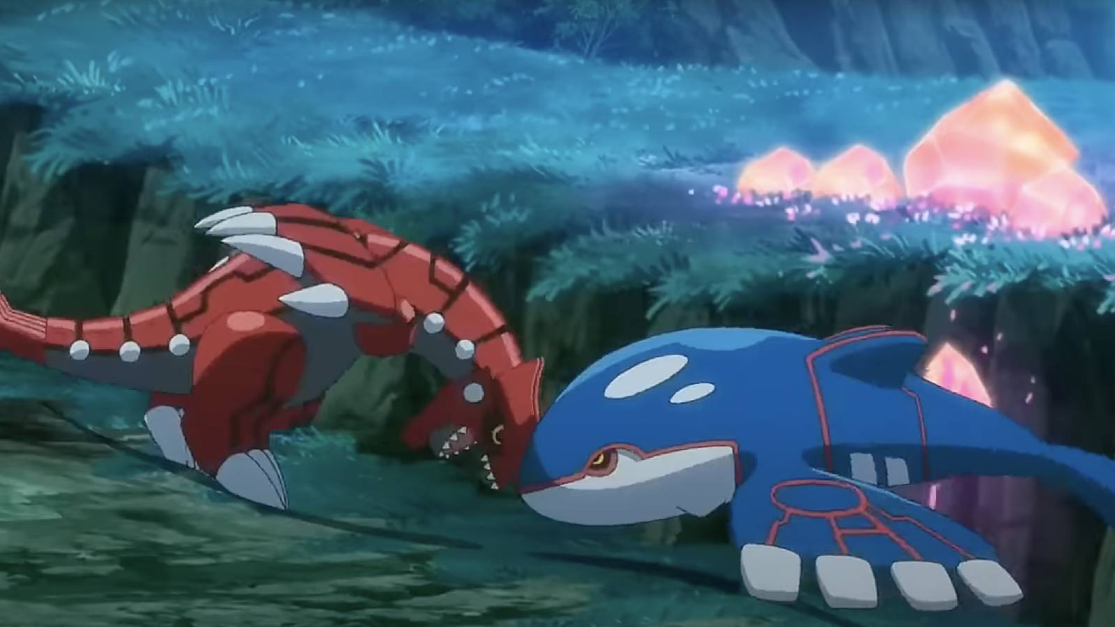 A still from the Pokemon anime shows Groudon and Kyogre locked in combat