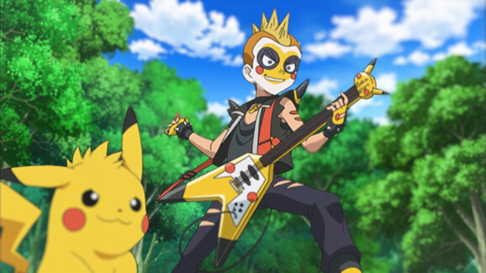 Pokemon character holding a guitar with a Pikachu next to him