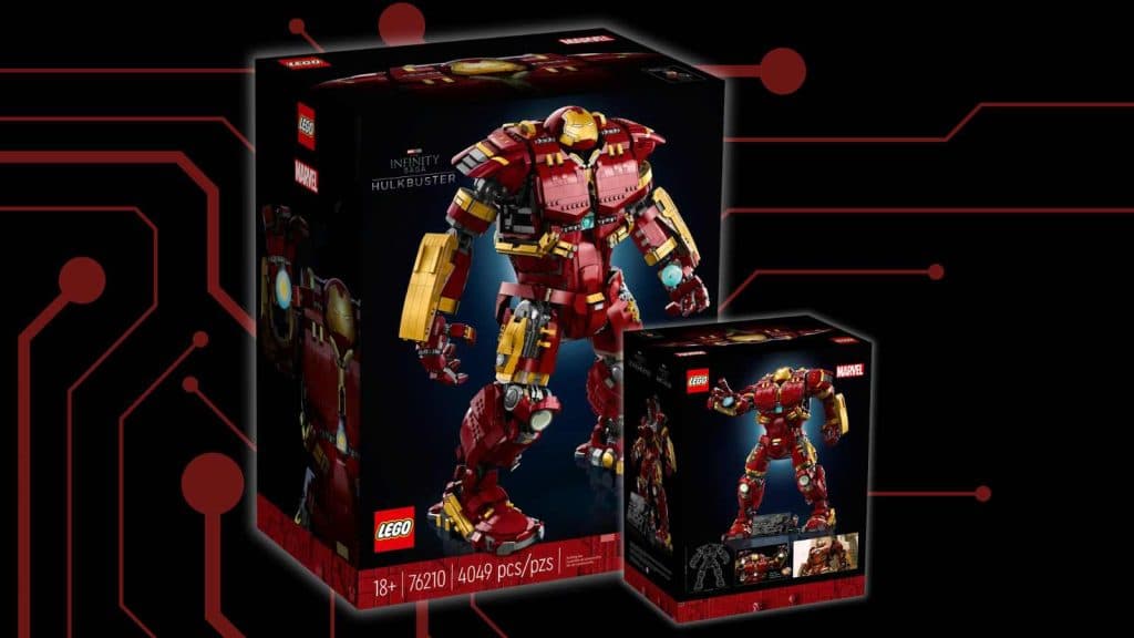 The LEGO Marvel Hulkbuster set's box on a black background with a technology graphic