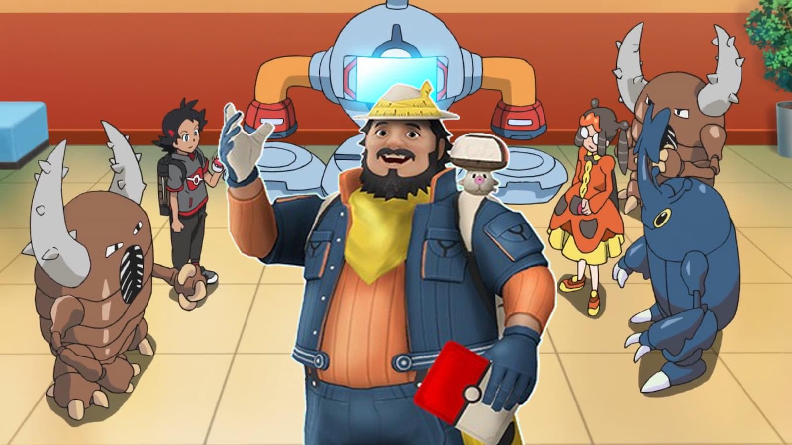 Mateo in front of Pokemon trainers trading