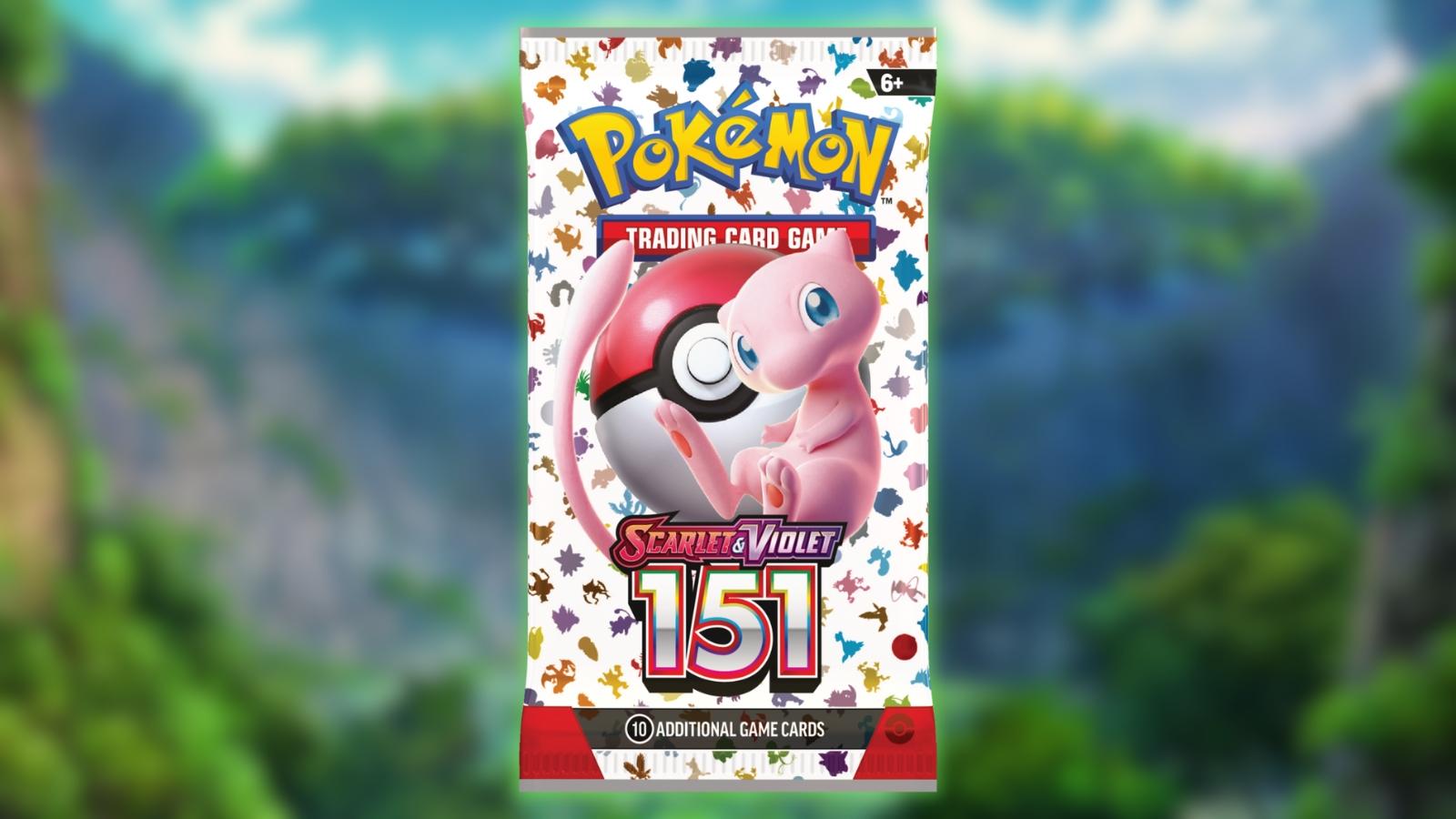Pokemon Scarlet 151 booster packet with Mew over a forest background