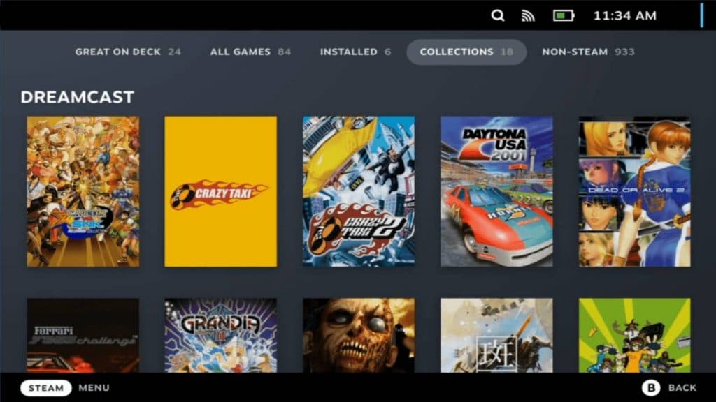 Screenshot of Dreamcast games available through EmuDeck on the Steam Deck.