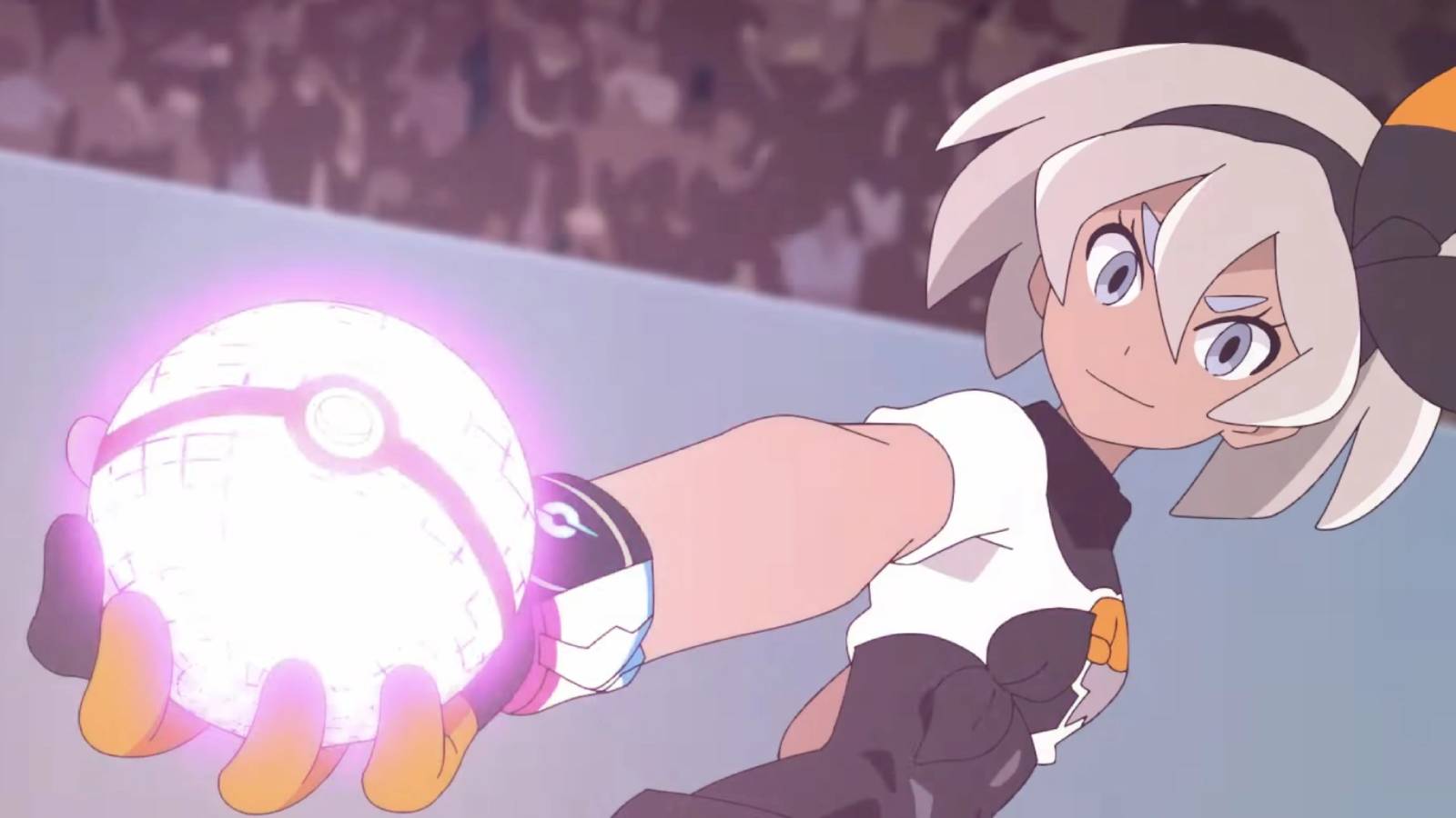Fighting-type Pokemon trainer Bea holds a Pokemon Ball in her right arm, the Poke Ball is glowing pink