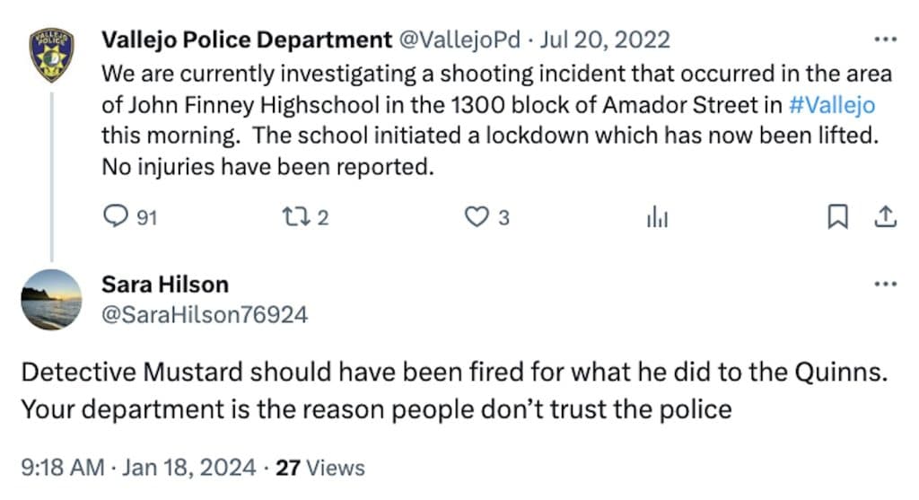 Tweet directed towards the Vallejo Police Department