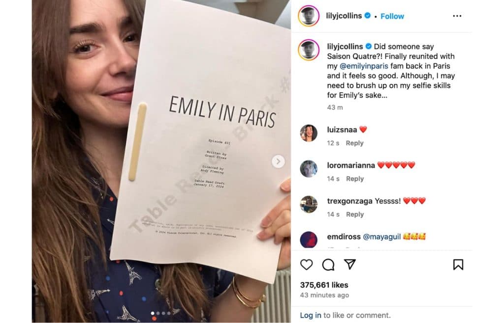 Lily Collins' instagram post for Emily in Paris Season 4