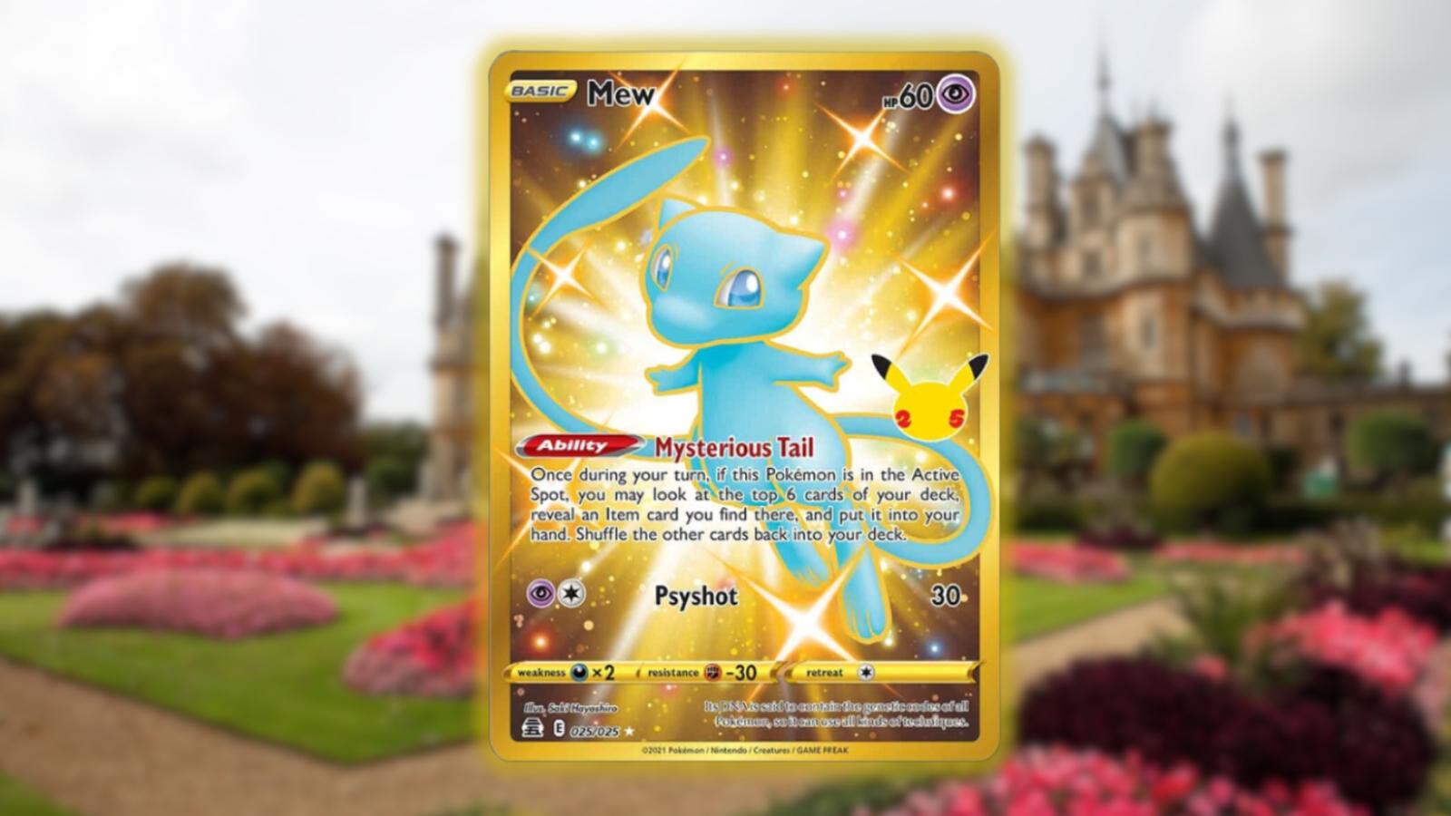 Golden Mew TCG card over a Manor House background