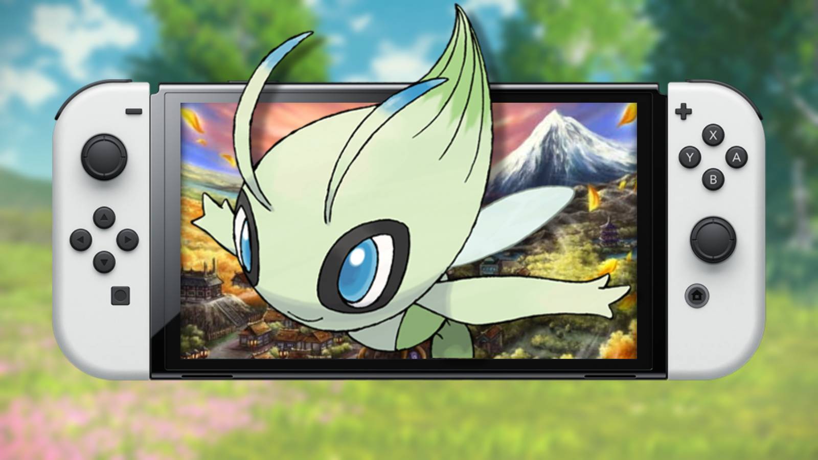 A mock-up imagines Pokemon Legends Celebi, with the mythical Pokemon Celebi appearing to reach out of a Nintendo Switch OLED Model