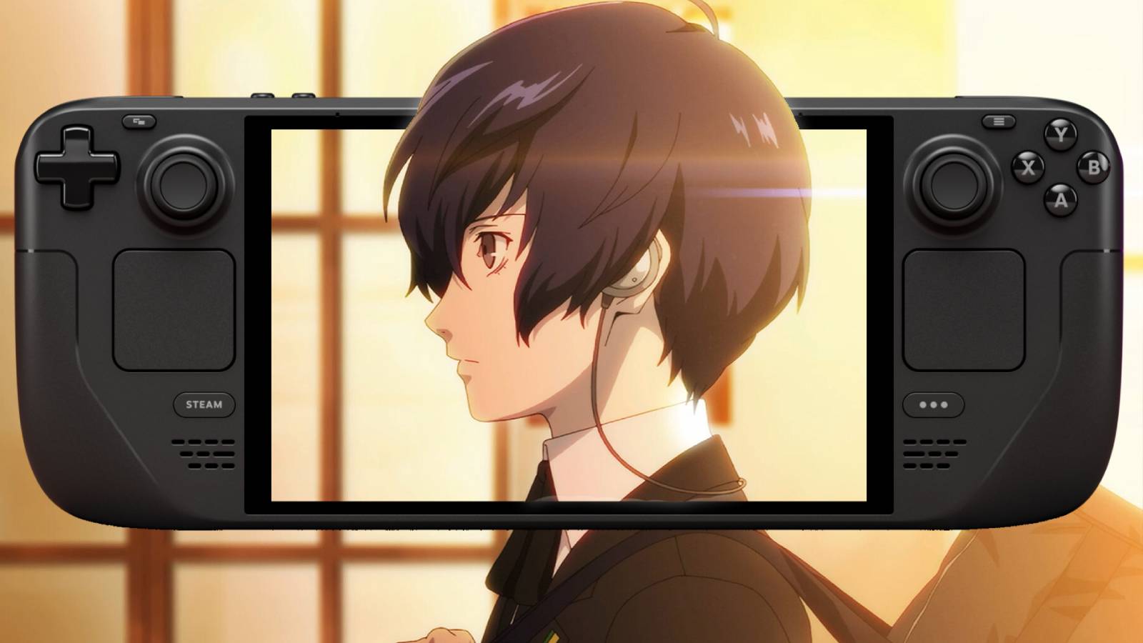 Image of the protag from Persona 3 Reload on the screen of the Steam Deck OLED.