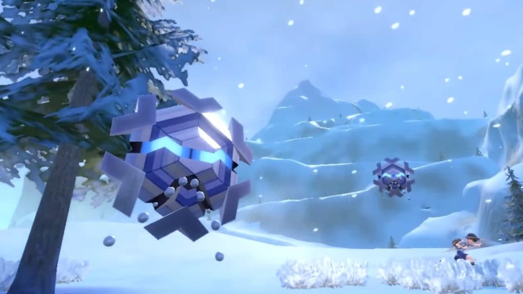 Two Crygonal roaming an icy biome in Pokemon Scarlet and Violet.