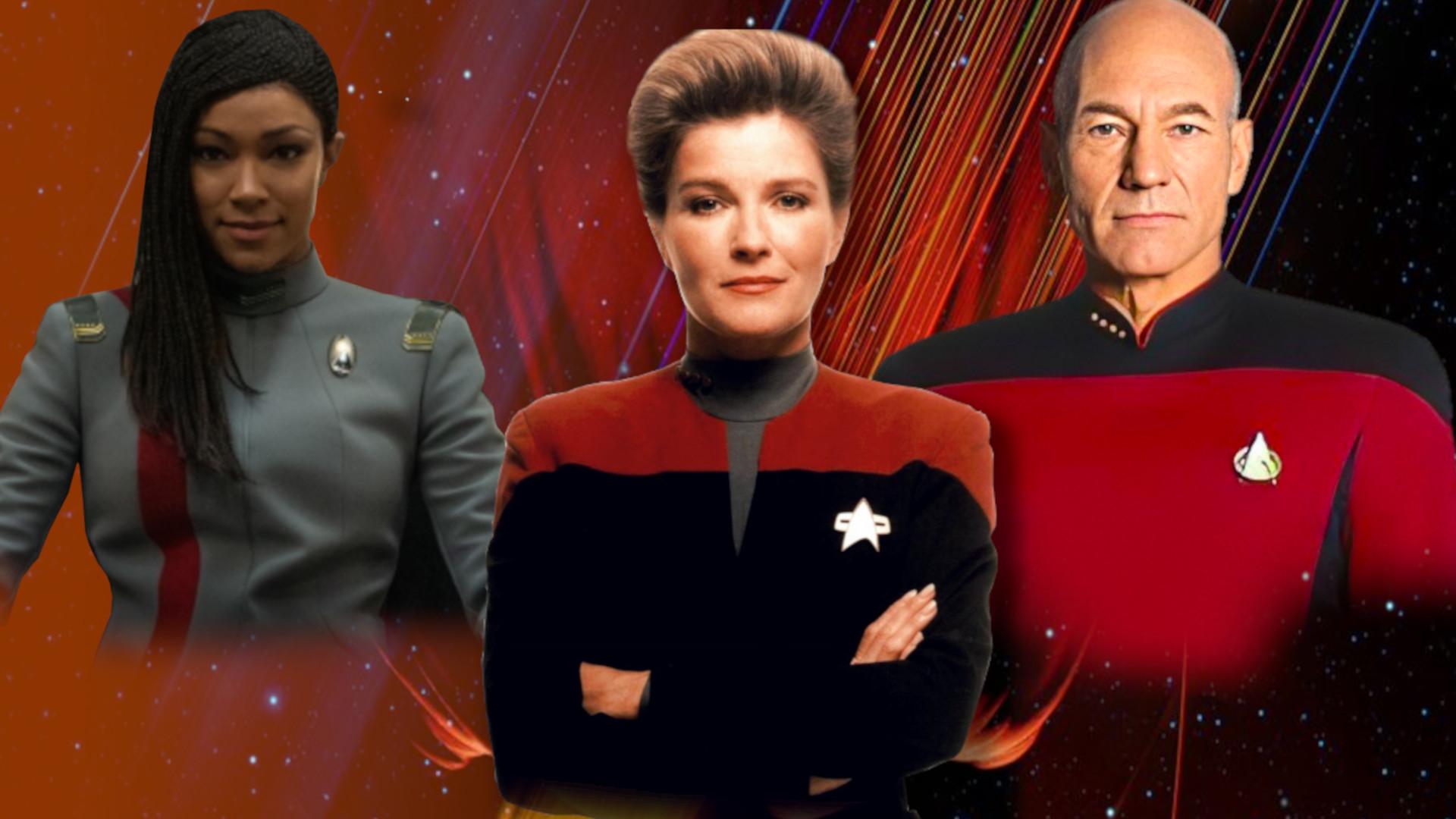 A picture of the Star Trek captains, Michael Burnham,Kathryn Janeway, anmd Jean Luc Picard