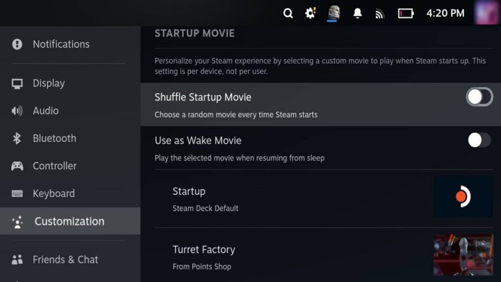 Screenshot of the start up movie settings within the Steam Deck.