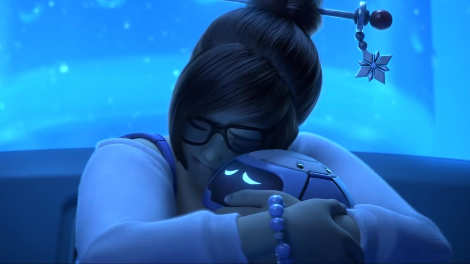 A screenshot of Mei crying from the Overwatch Rise and Shine cinematic.