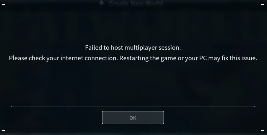 Palworld error message in the game for failing to host multiplayer session.