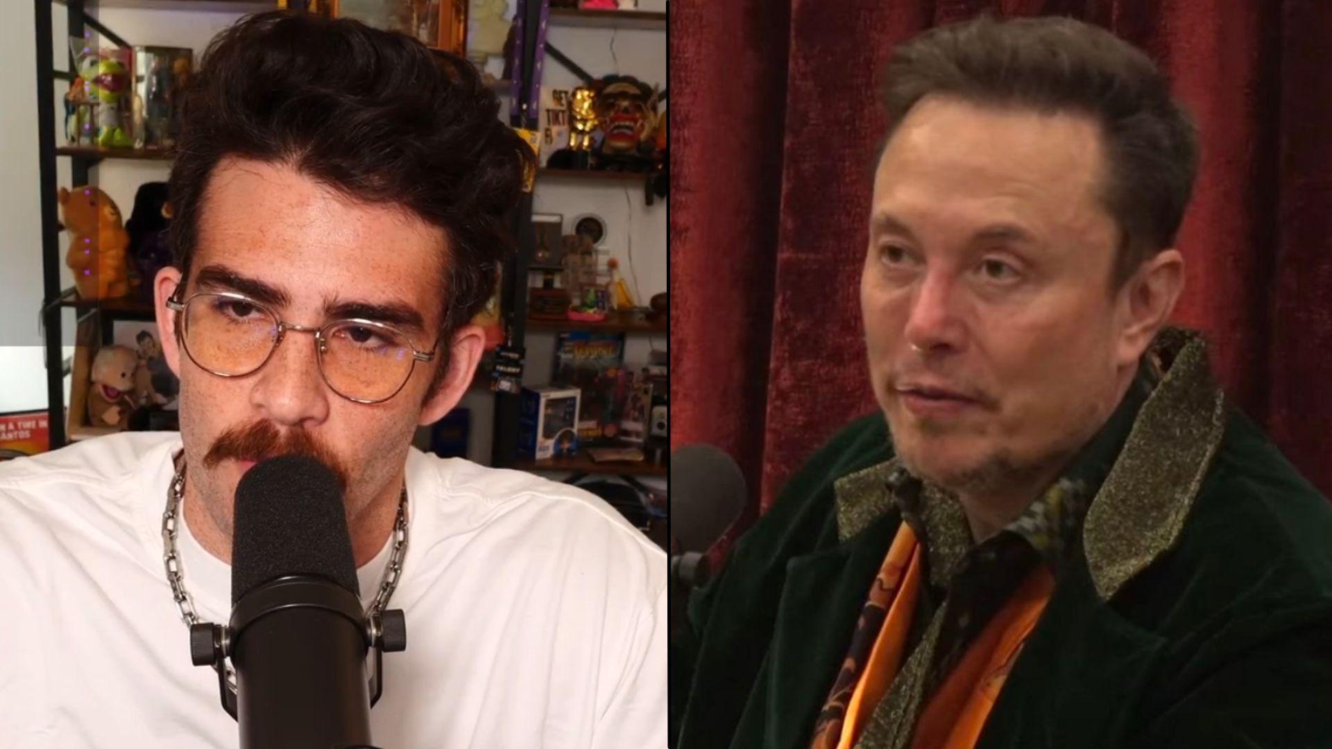 Hasan in white shirt talking into mic alongside Elon Musk in jacket sat in front of curtain