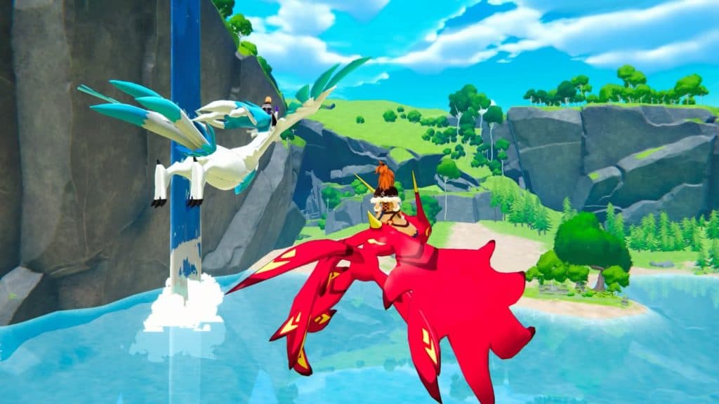 A player rides a flying Pal in Palworld