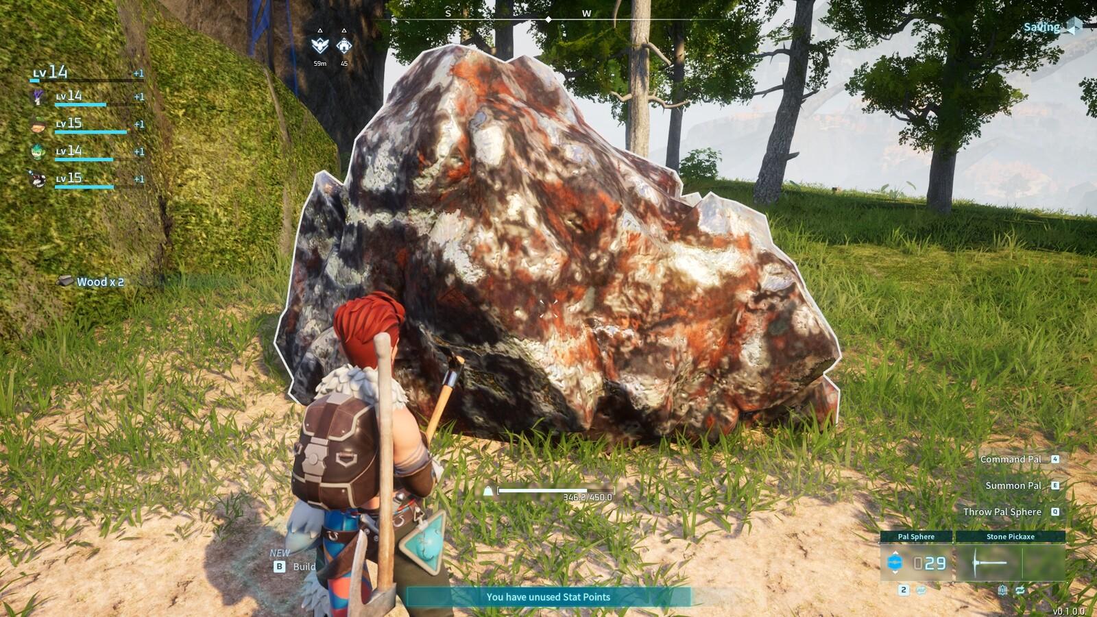 A player farms a large ore boulder in Palworld