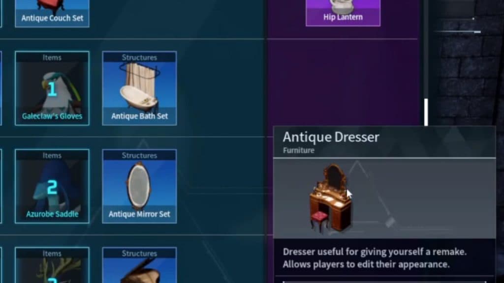 A screenshot featuring the Antique Dresser in Palworld.