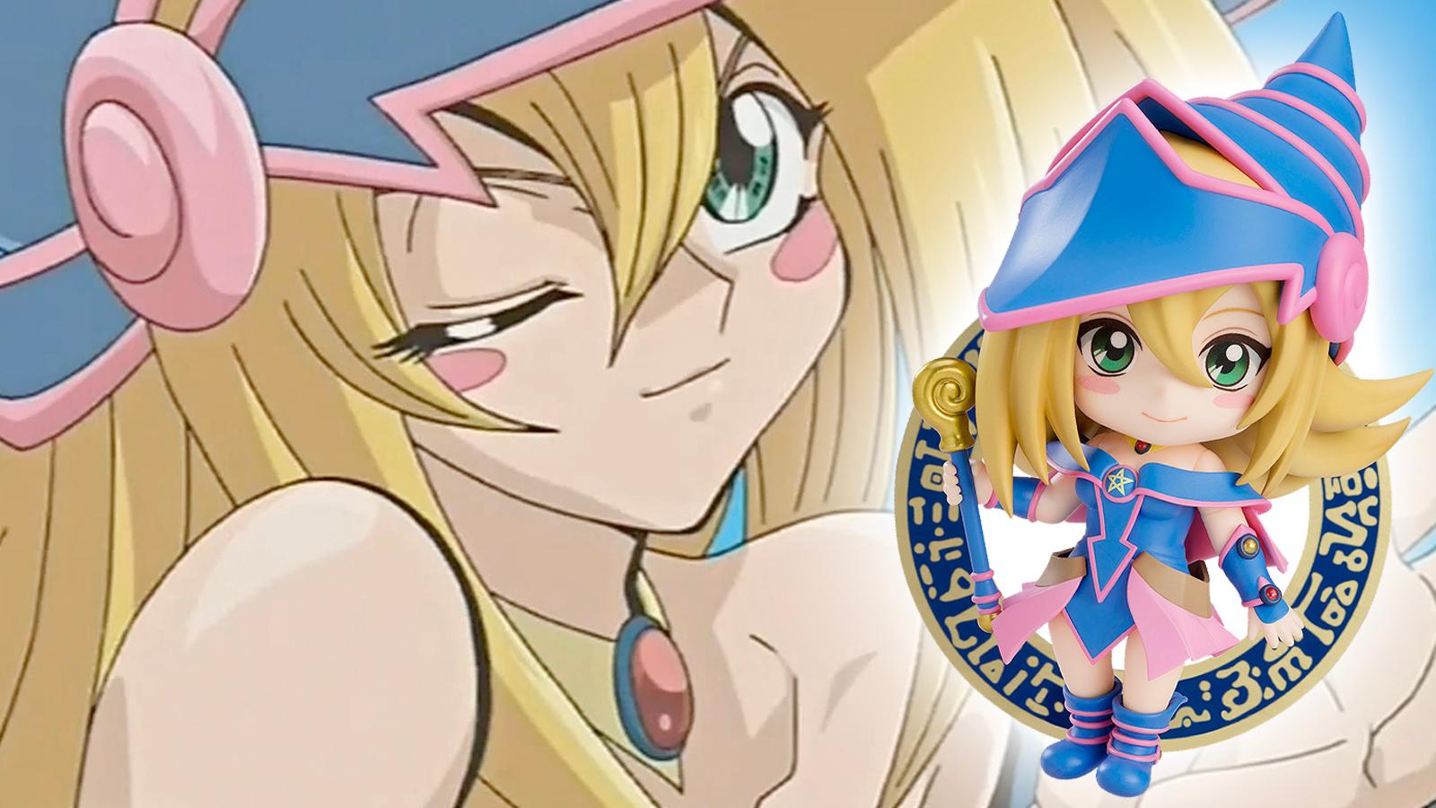 dark magician girl from the yugioh anime with the nendoroid version in front of her