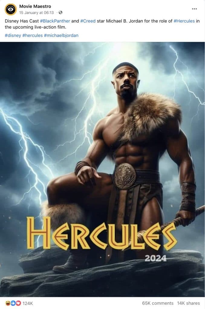 Facebook post pretending to be a remake of Hercules