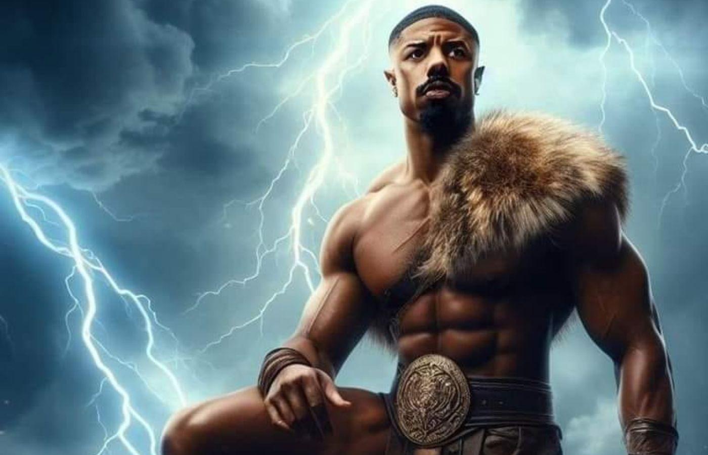 A still of Michael B. Jordan on a fake poster for the Hercules remake