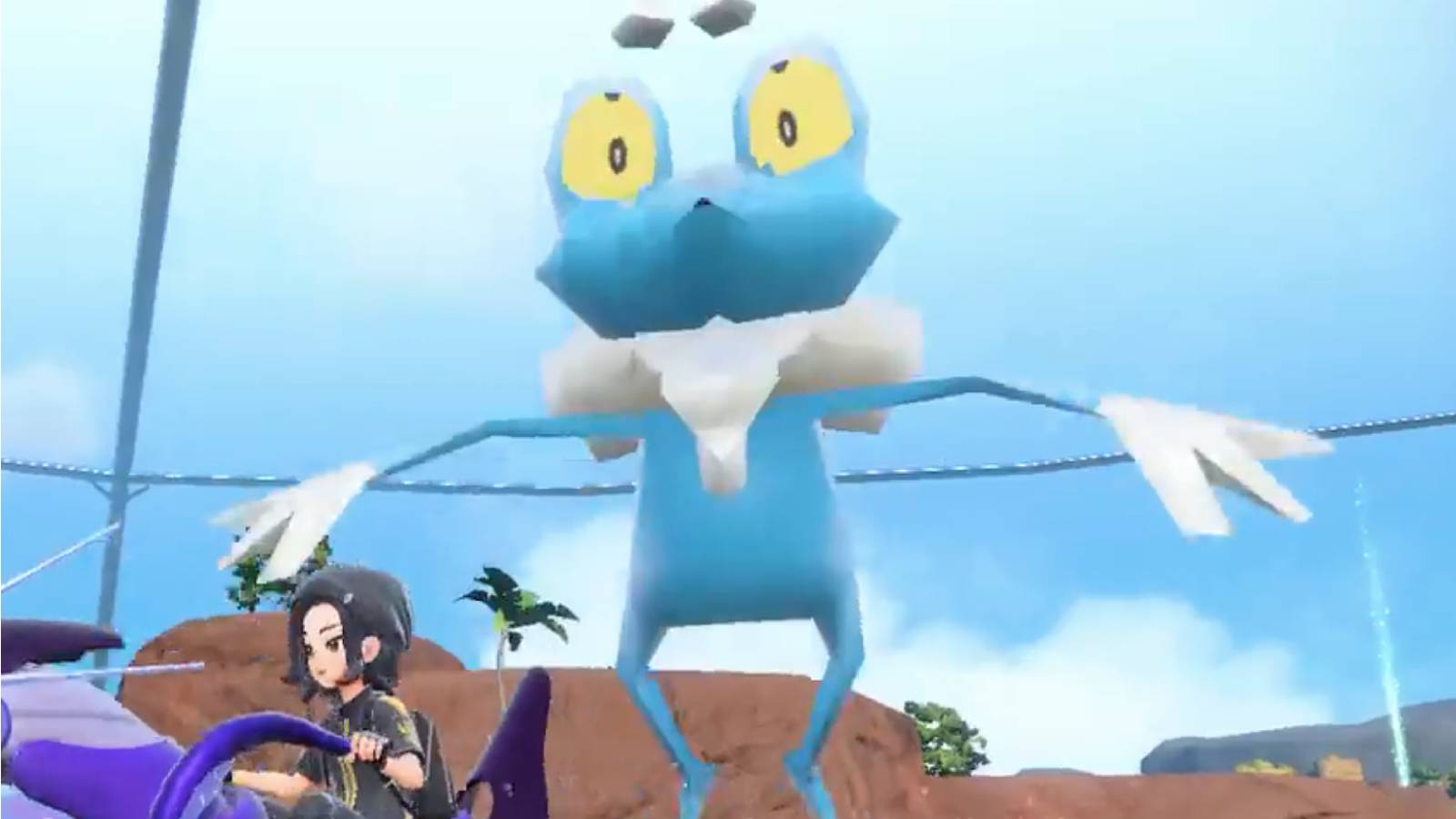 A Pokemon Scarlet & Violet trainer runs away from a giant Froakie