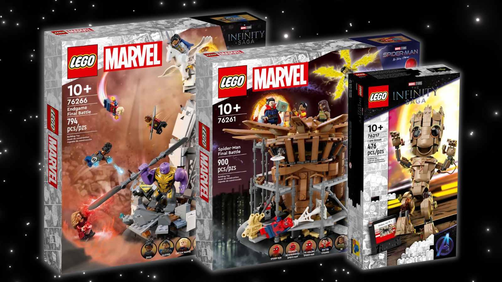 Three of the LEGO Marvel sets discounted at Walmart on a galaxy background.