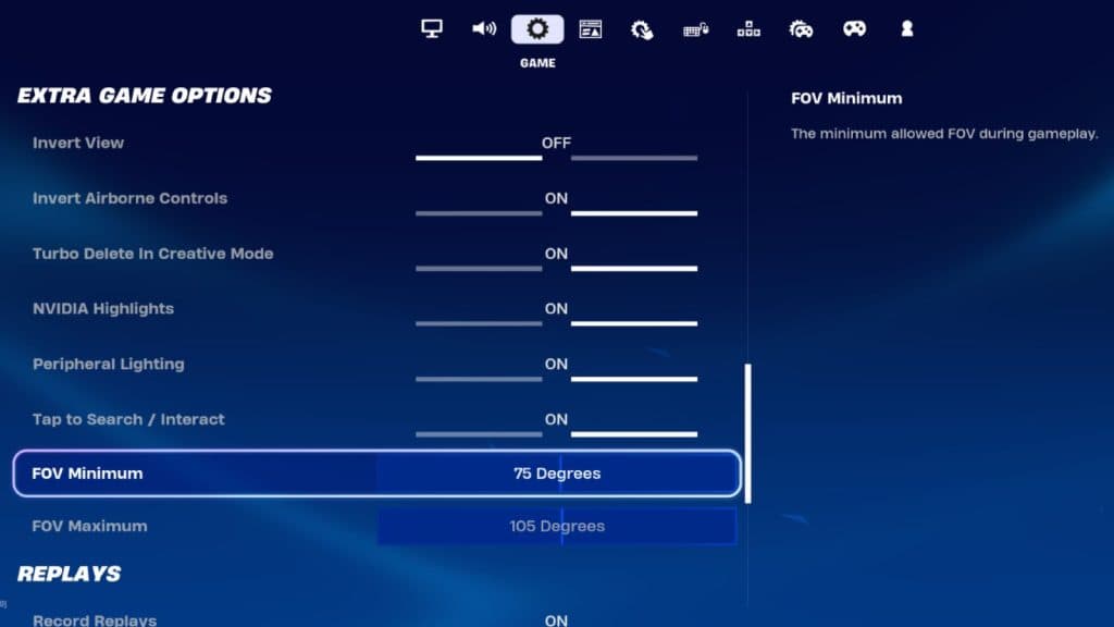 Fortnite Game Settings screen which lets players change their FOV settings.
