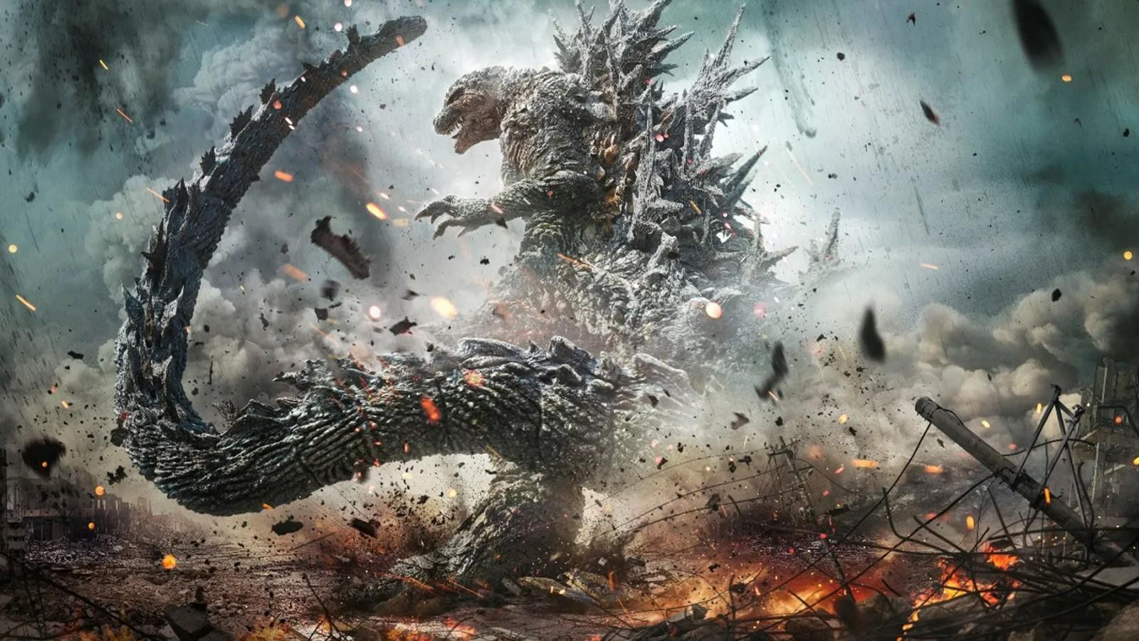 Godzilla tearing up the town in Godzilla Minus One.
