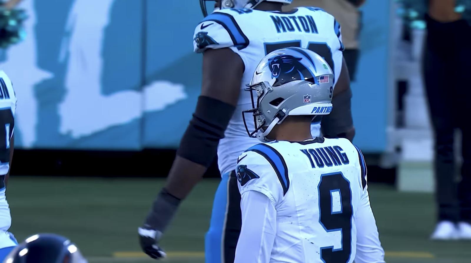 Panthers QB Bryce Young walks off the field in Week 18